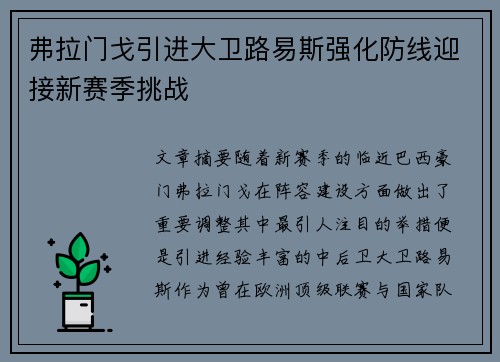 弗拉门戈引进大卫路易斯强化防线迎接新赛季挑战